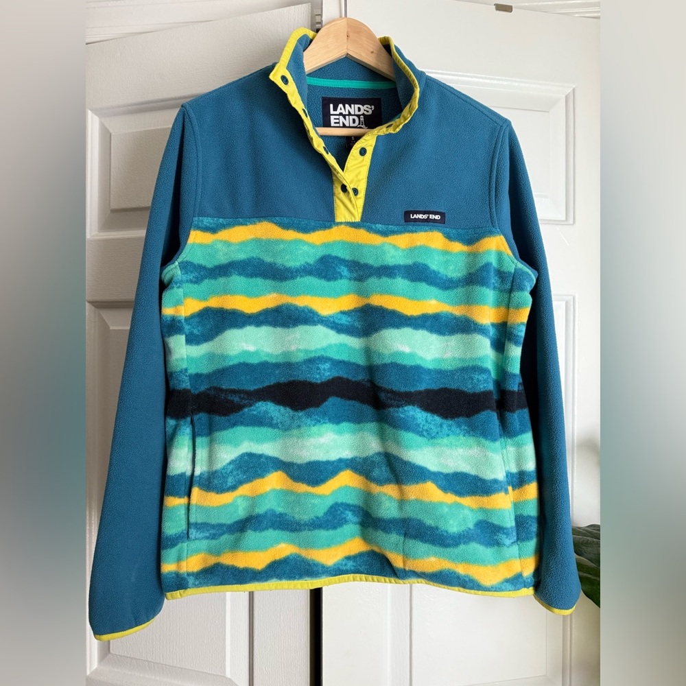 Lands End Women Pullover Heritage Fleece Teal Mountain Ombré Sz S Outdoor Winter